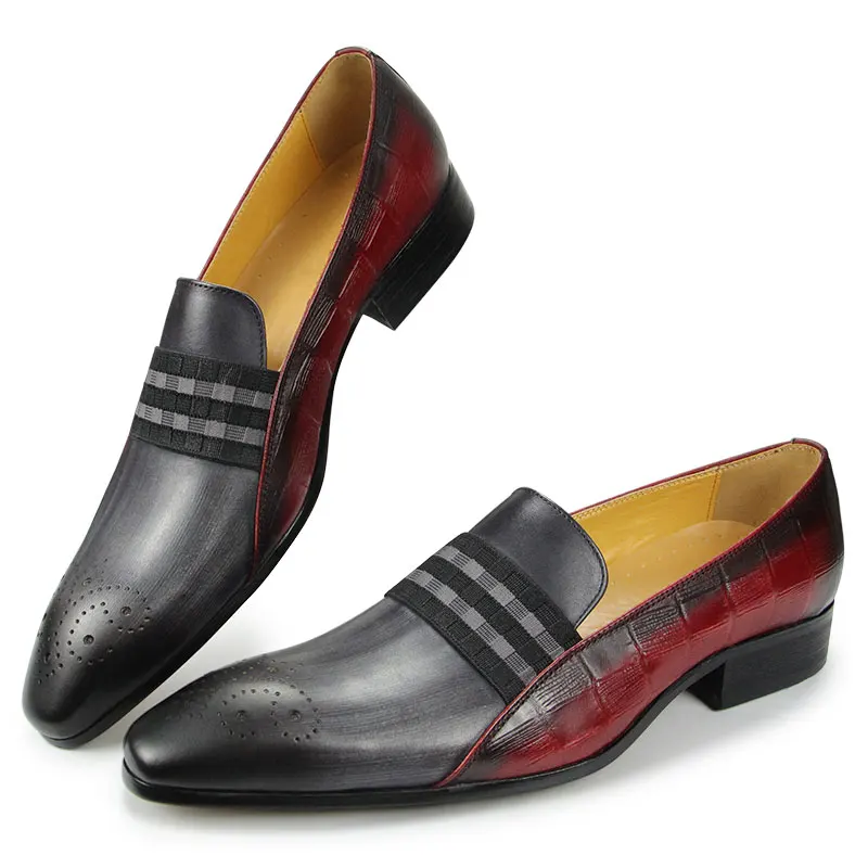 Men Slip-on Penny Loafers Party Elegant Shoes Leather Dress Casual Driving sapato social masculino Pointed Toe Brogue Retro Red