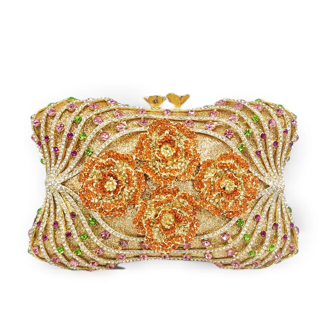 Gold Metal Multicolored Flower Diamond Evening Purse Luxury Rhinestone Women Party Prom Clutches Three Floral Dinner Clutches