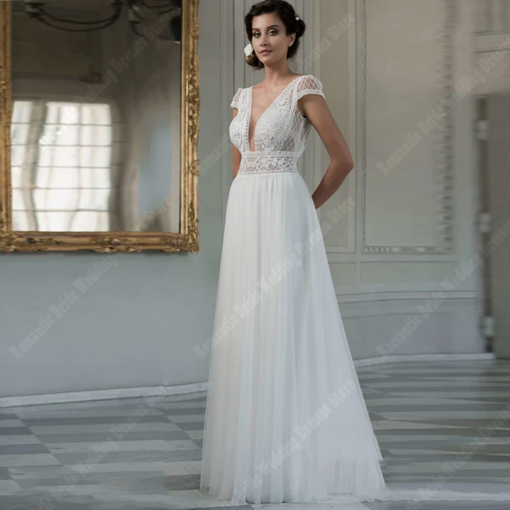 Abiti da sposa da donna con scollo a V profondo Sexy stampa floreale in pizzo romantico senza maniche lunghezza della pulizia principessa abiti De Noivas 2024