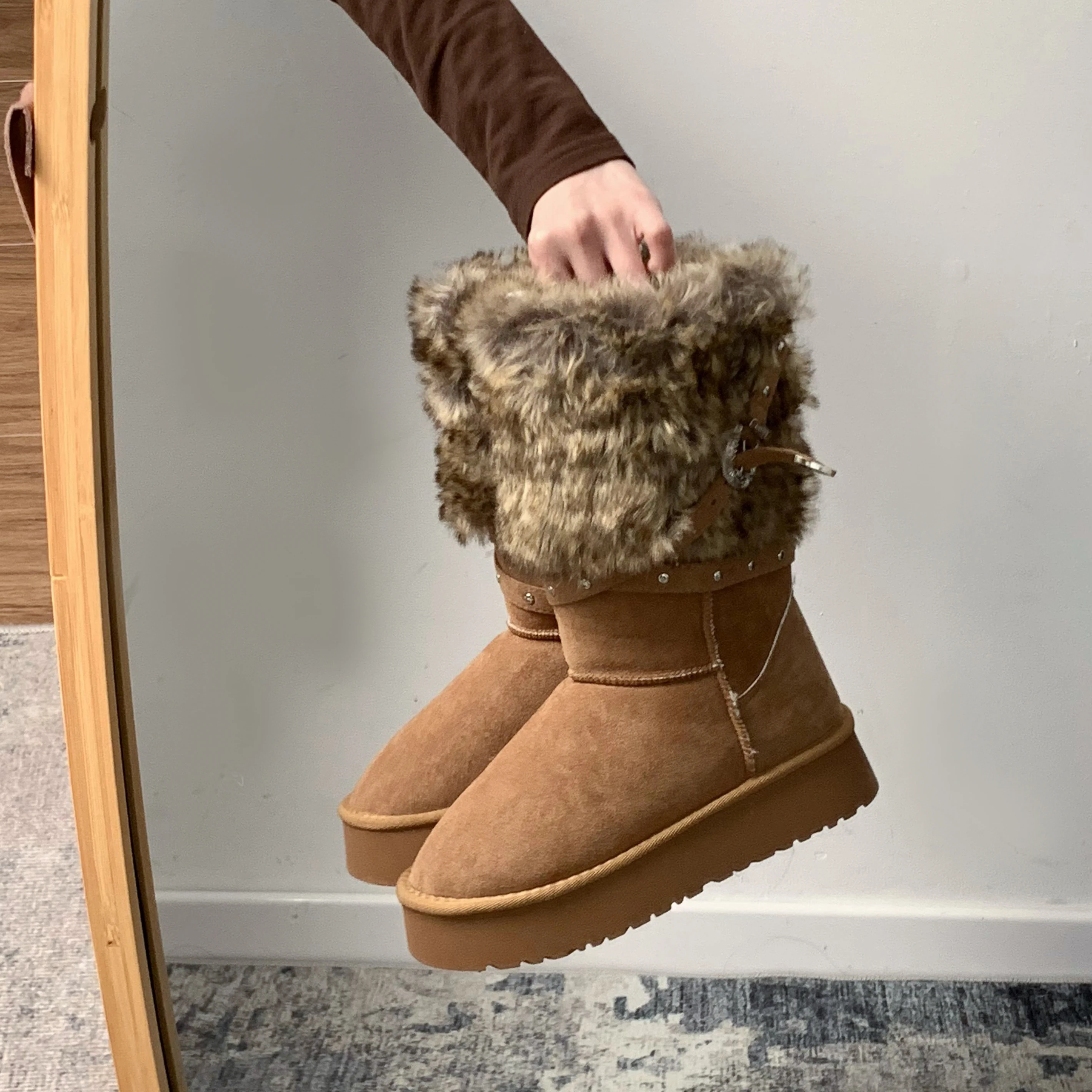 CHABELLA Buckle Plush Warm Women's Thick Bottom Snow Boots 2024 New Winter Fashion Outwear Anti slip Thick Plush Mid tube Cotton