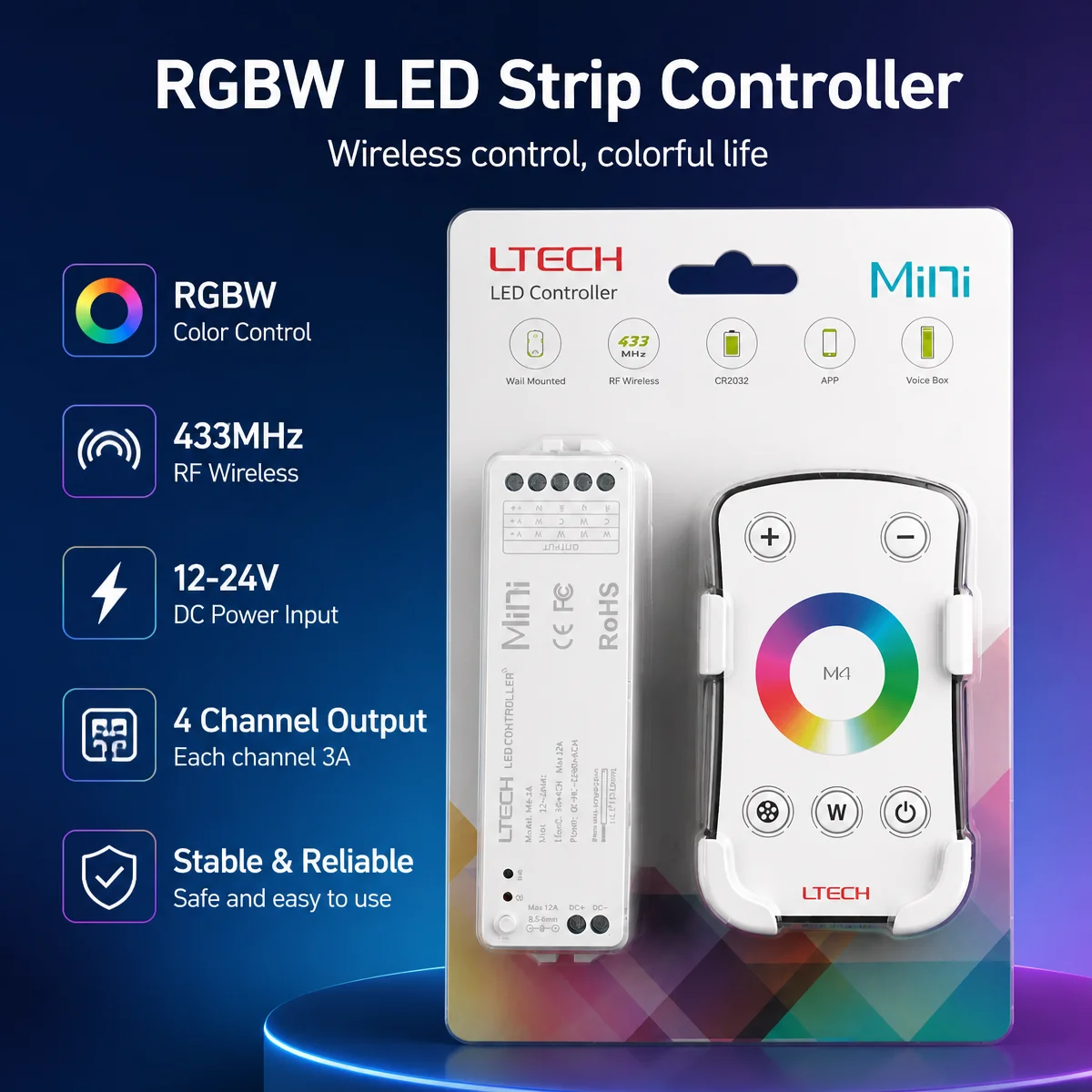 LTECH Led RGB RGBW Controller 2.4GHz RF Remote Wireless DC12V 24V Input 3AX4CH 4 Channel 144W Output Led  RGB RGBW Strip Control