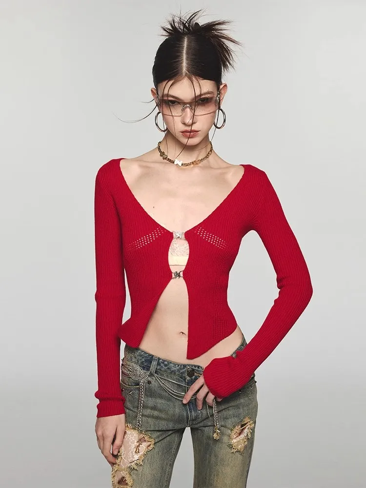 REDDACHiC Casual Solid Red V-neck Hollow Out Crop Top Rib Knit Long Sleeves Tee Shirt Slim Fit Shrug Cardigan Y2k Streetwear