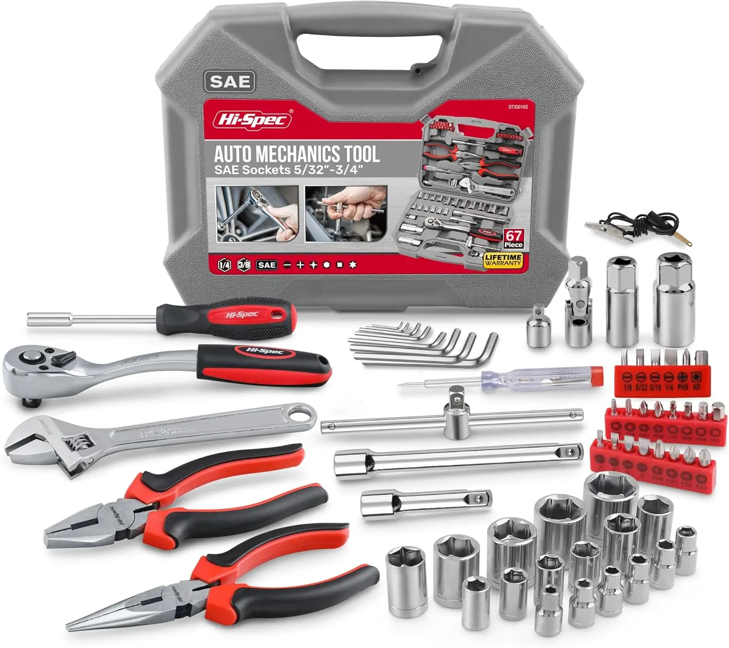 Hi-Spec Tools 67Pc Sae Auto Mechanics Hand Tool Kit Set. Complete Car, Motorcycle, Engine & Garage Repairs With Sockets,