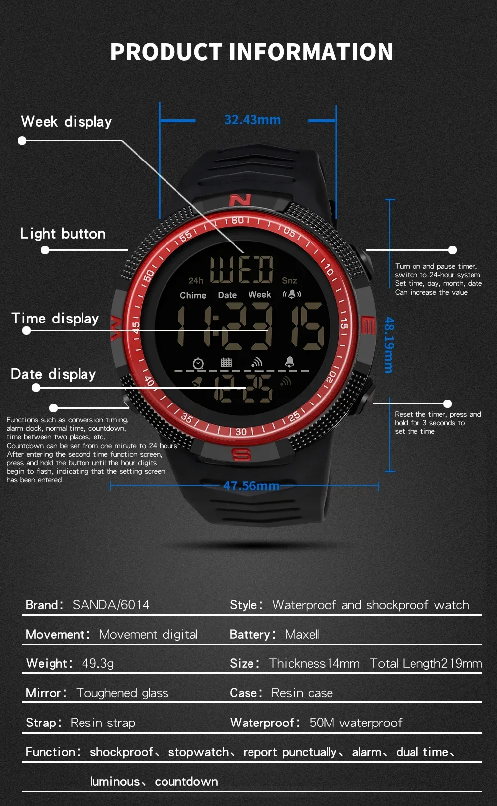 SANDA 6014  Wristwatch Outdoors Sports Student Watches Fashion Top Brand Waterproof Men Watch Multifunctional Luminous Digital