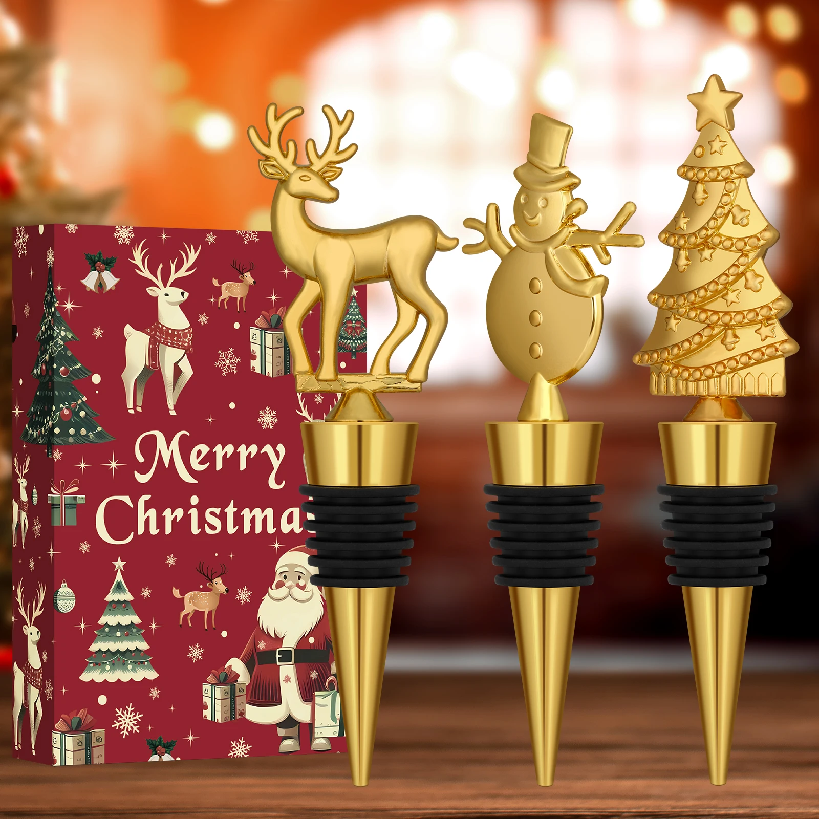 

LKKCHER Luxurious Golden Snowman Christmas tree Elk Deer Bottle Stopper Gifts with Box 3pcs/Set New Year Xmas Gift Wine Stopper