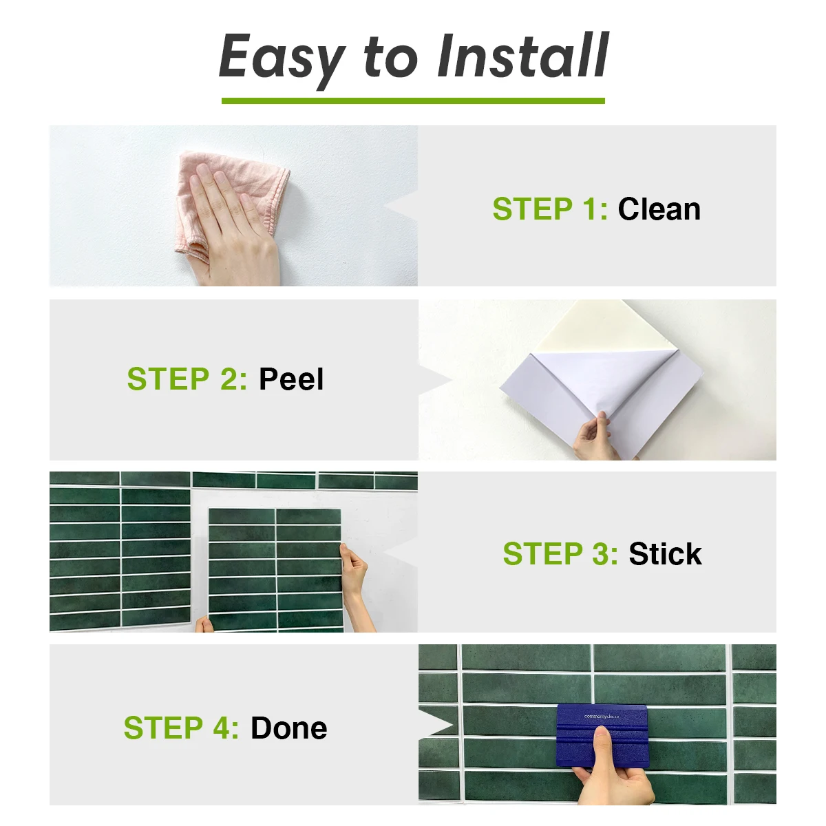 Commomy 10 peças de telhas foscas para descascar e colar, adesivos de parede 3D à prova d'água, adesivos contra respingos de azulejo verde, decoração de parede