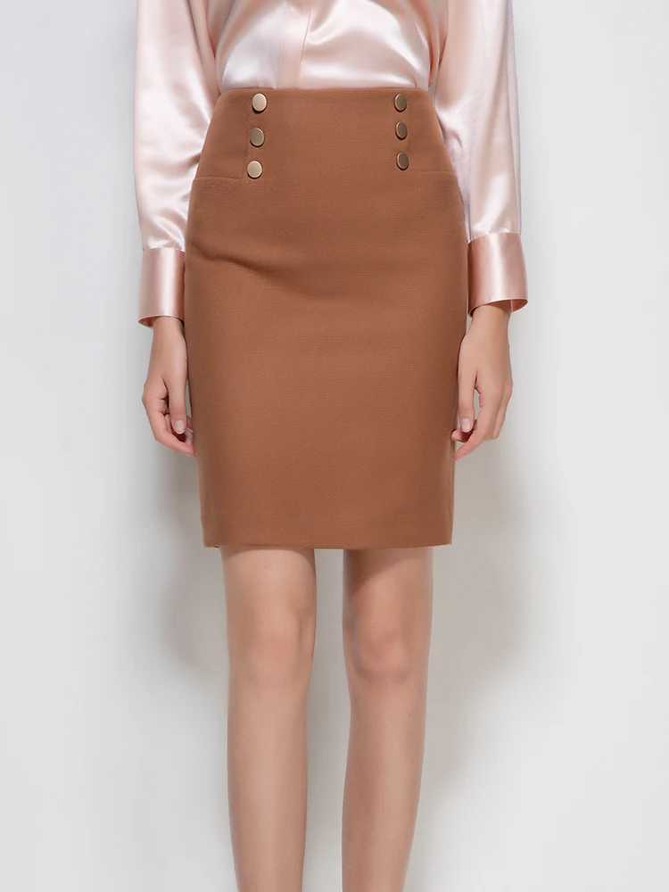 

Ele Mid-Waist Woolen f Skirt Spring New Sle Profional Look Wrap around Skirt Deep Camel Color Double Button Design
