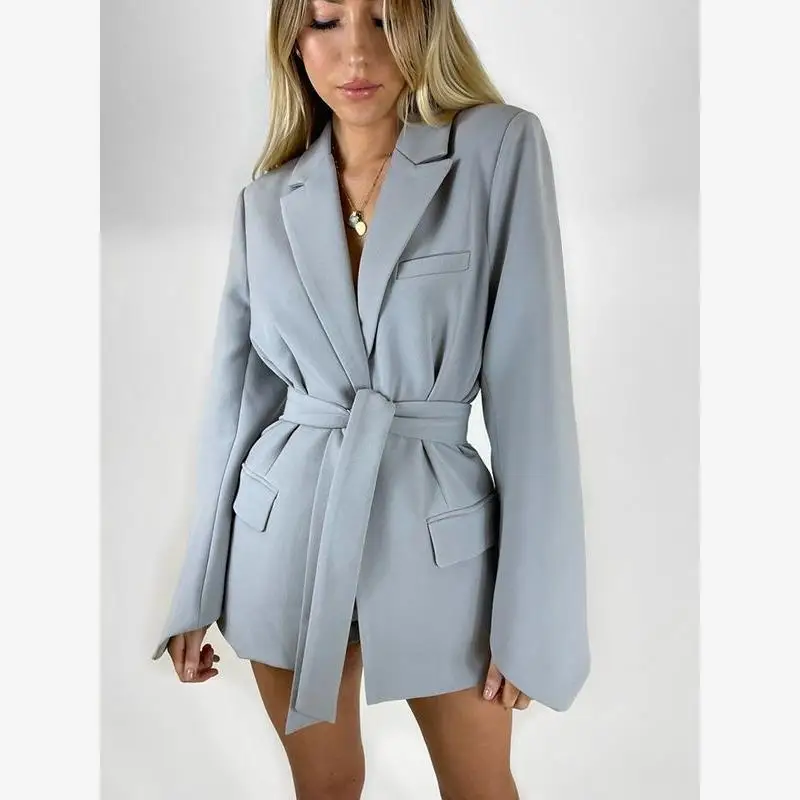 

Faionable Pure Color Casual Suit for Women Spring 2024 Belted Waist Street Sle Long Sve Mid-Length Coat