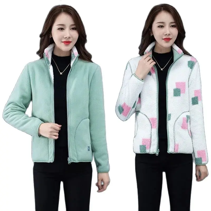 

Reversible Polar Fleece Hoodie Female Spring Autumn New Add Velvet Add Thick Stand Collar Cardigan Coral Fleece Keep Warm Coat