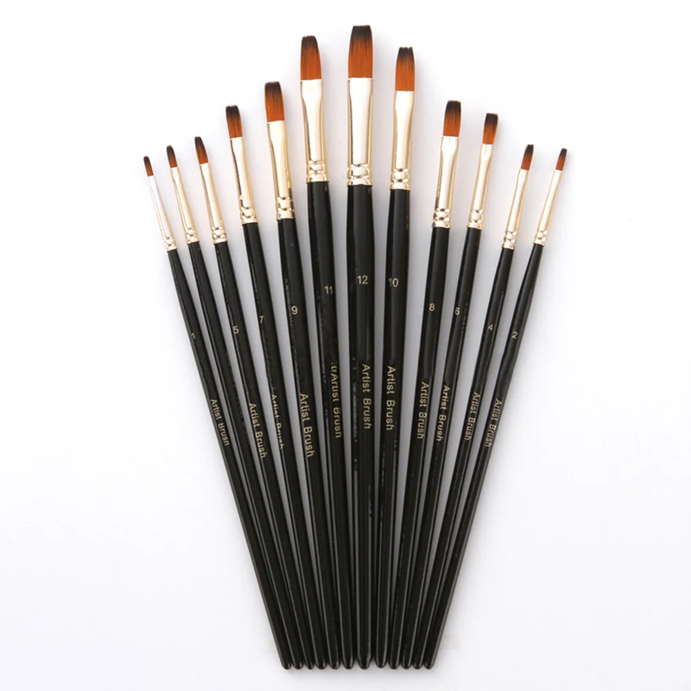 

12Pcs Two-Tone Nylon Paintbrush Set Wood Handle Flat Front Artist Brushes for Painting Drawing Watercolor Oil Acrylic Gouache
