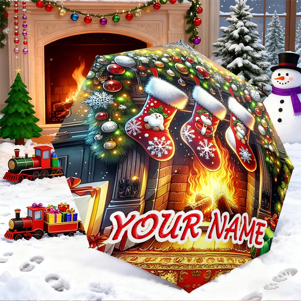 Custom Name Umbrella,Christmas Fireplace Scene with Stockings - Personalized Umbrella ,Portable Folding Umbrella, Christmas Gift