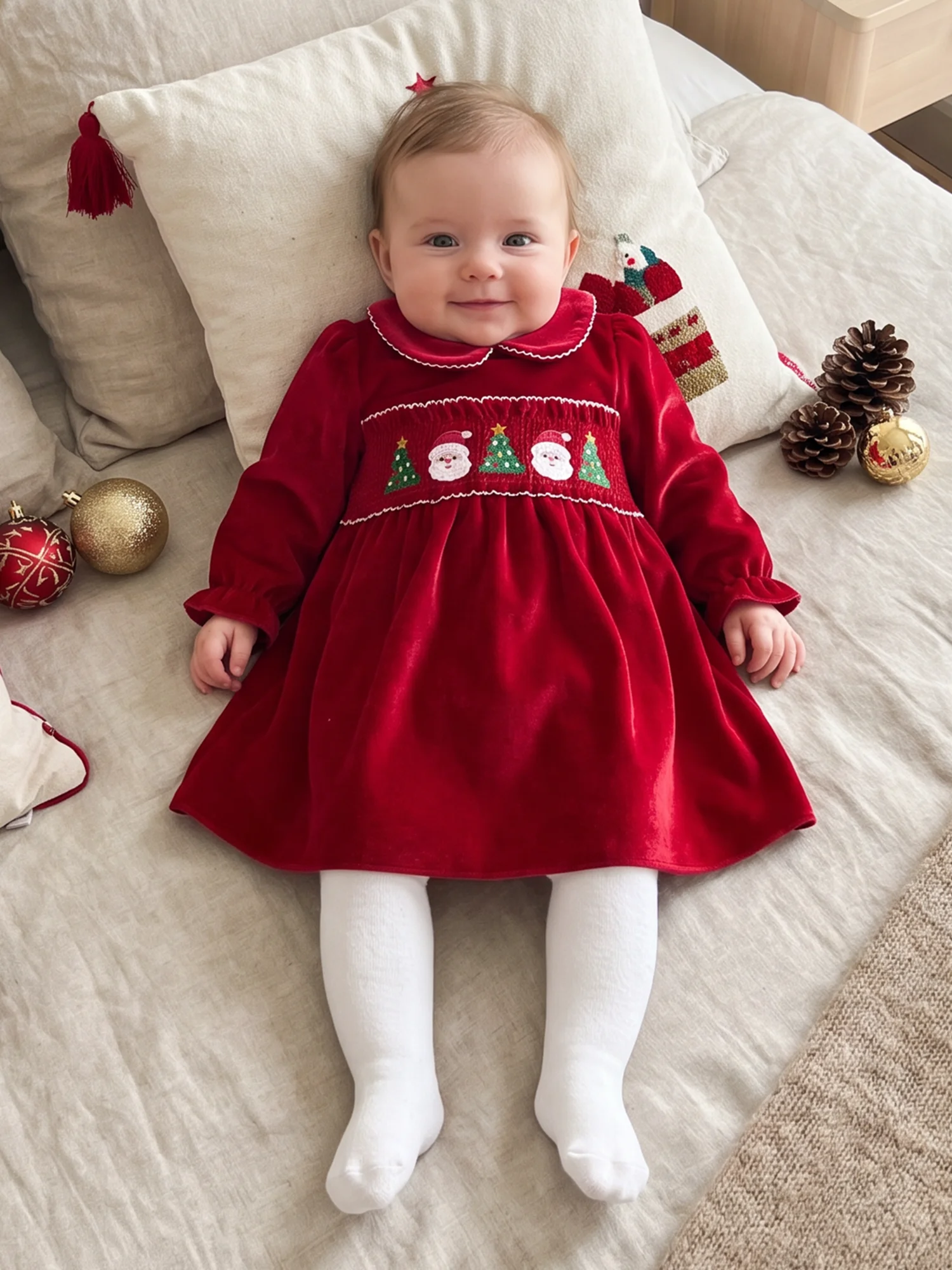 Dress Long Sleeve Long Sleeve Girl-Christmas Doll Collar Velvet Girl Doll-Collar Sleeve Toddler Baby Girl