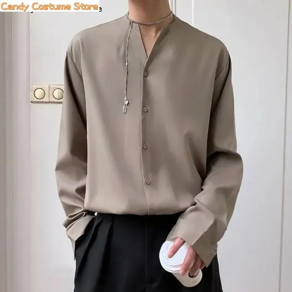 

Men's Loose Long Sleeve Shirt, Vintage Streetwear, V-Neck, Casual Male Tops, Japan, Korean, Monochromatic Shirts, Fashion