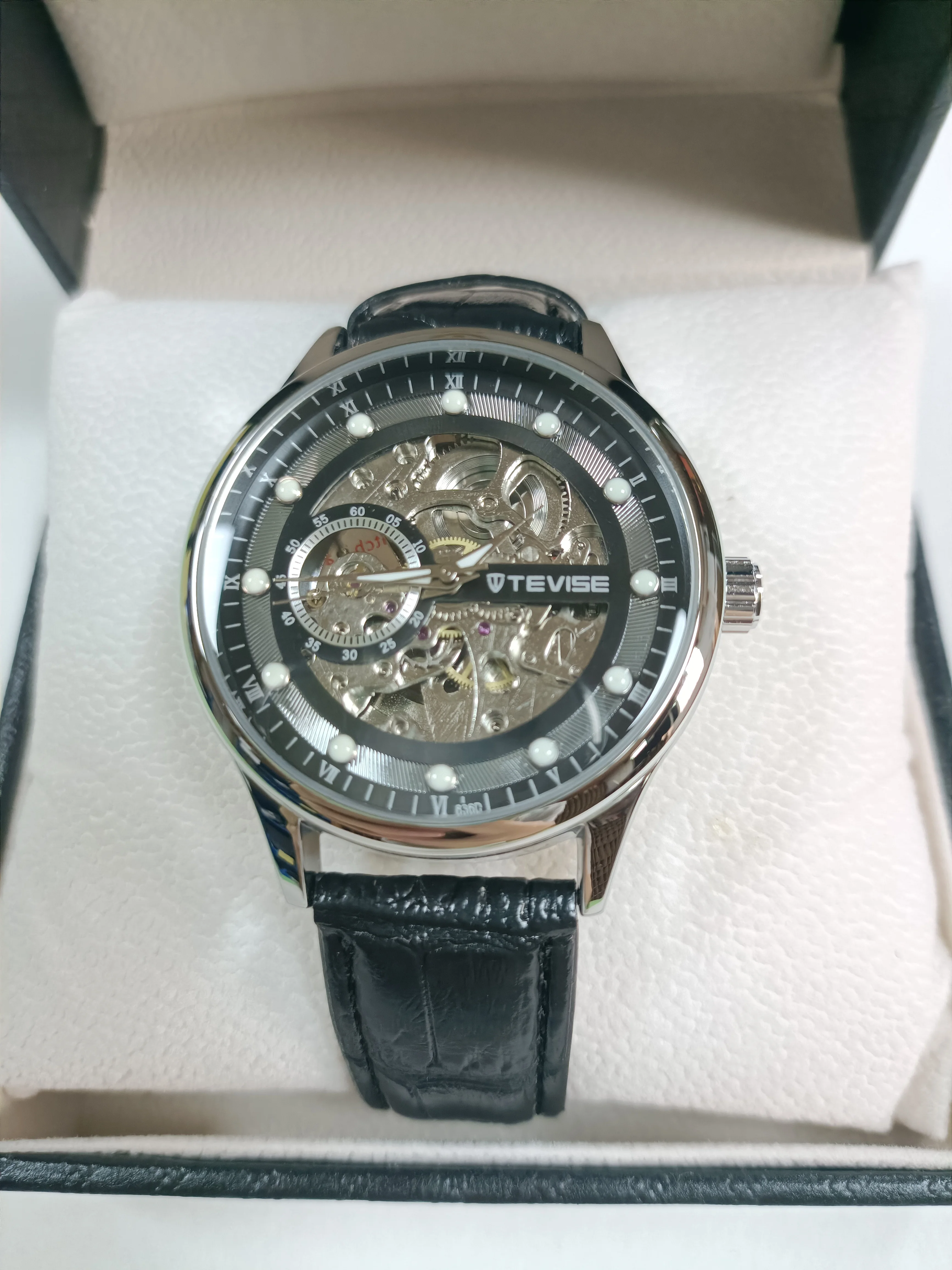 TEVISE Automatic Mechanical Watch for Men Leather Strap Waterproof Luminous Business&Fashion Skeleton Wrist Watch