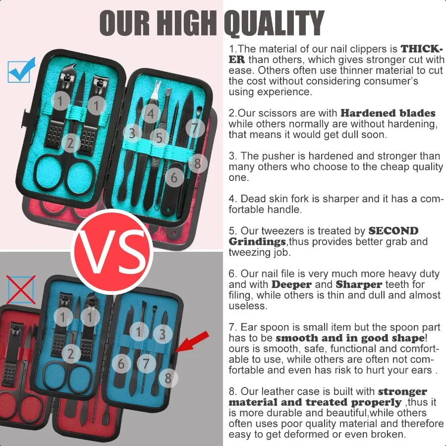 Ensemble de manucure 9 en 1, coupe-ongles en acier inoxydable, ciseaux, Kit d'outils de pédicure, Kit de toilettage de voyage Portable pour hommes et femmes avec