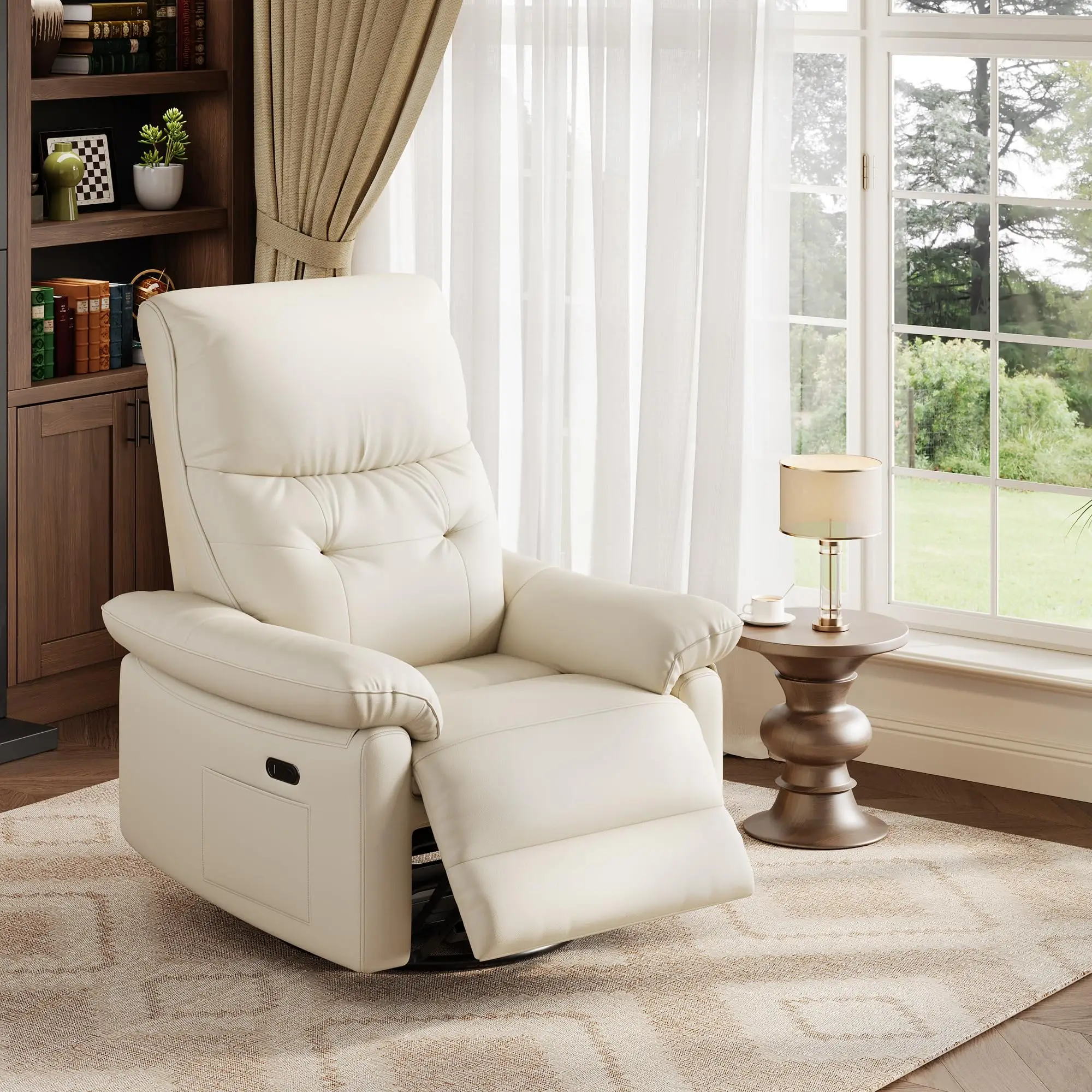 

Beige PU Leather Power Recliner With 270-Degree Swivel, Rocking Function, USB Charging, Button-Tufted Back And Ergonomic Design
