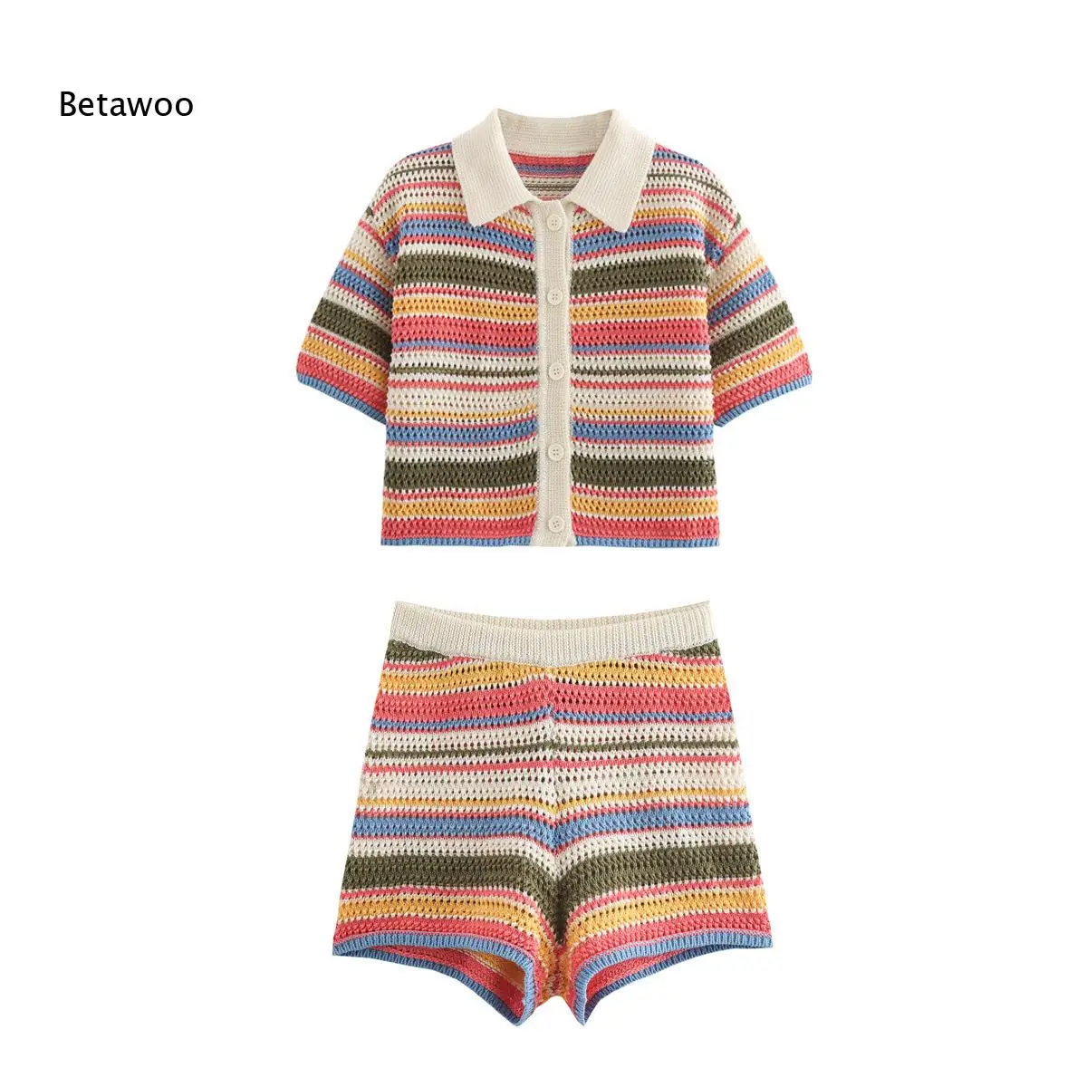 Horizontal Rainbow Stripe Hollow Matching Outfit Polo Neck Short Sleeve Top Elastic Waist Short Pant Set