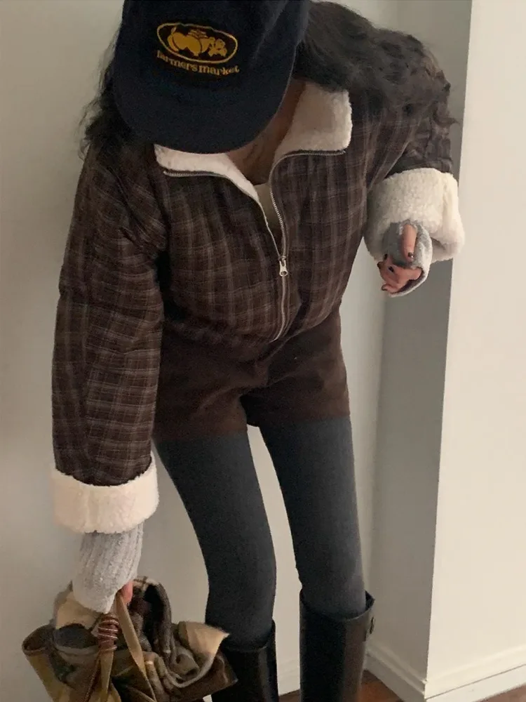 

Chic Vintage Winter ort Coat Women's Loose Long Sve Lamb Fur Plaid Cotton Jaet Stand Collar Outerwear Casual Sle