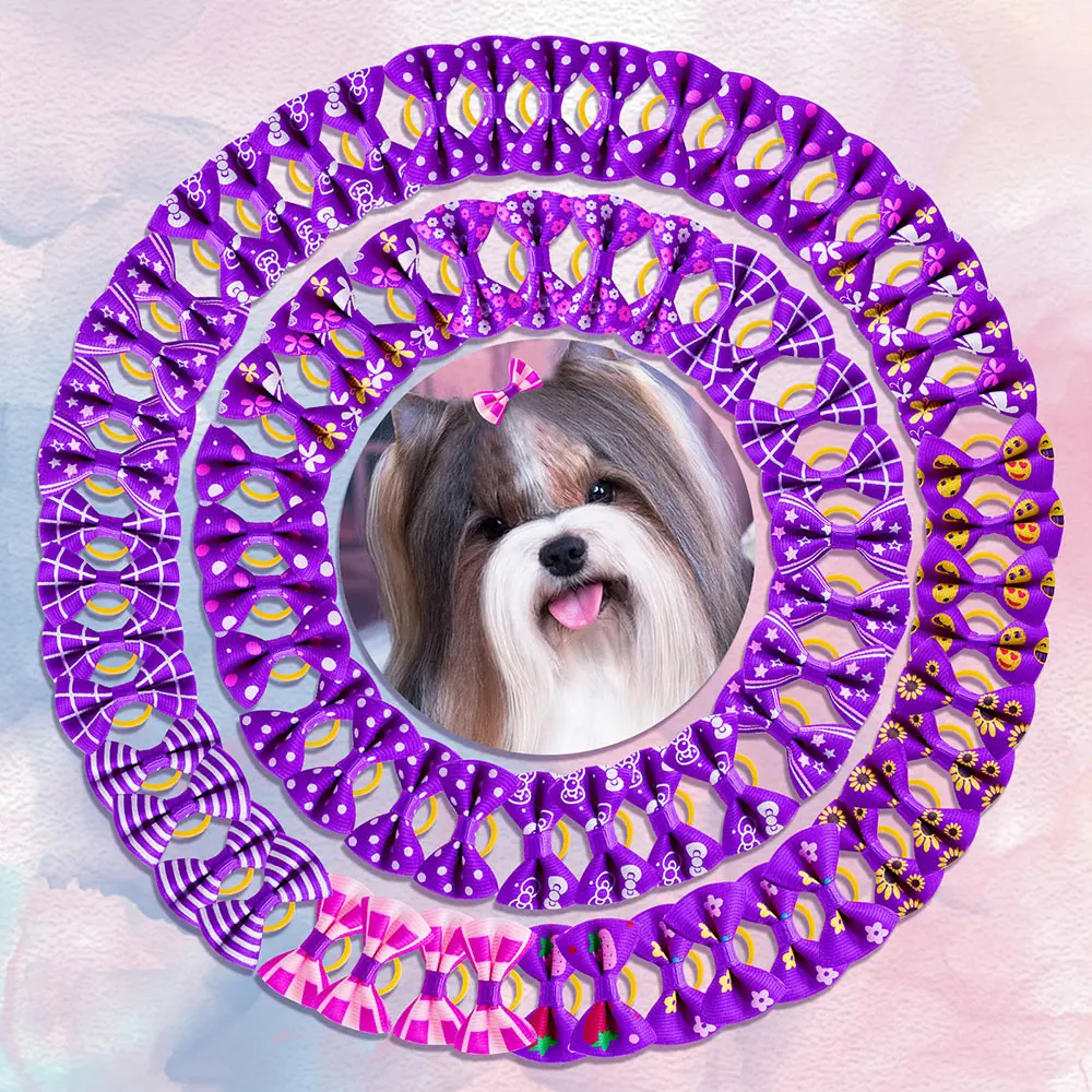 Purple Flower Pattern Pet Daily Decorate Dog Hair Bows Doggy Bows with Rubber Bands Dog Supplies for Small Pet Hair Accessories