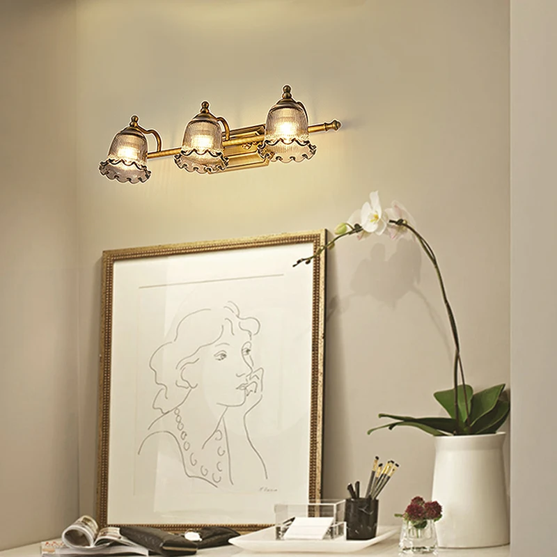 LED Retro Mirror Front Light All-Copper Mirror Cabinet Vanity Wall Light American Bedroom Bedside Lamp