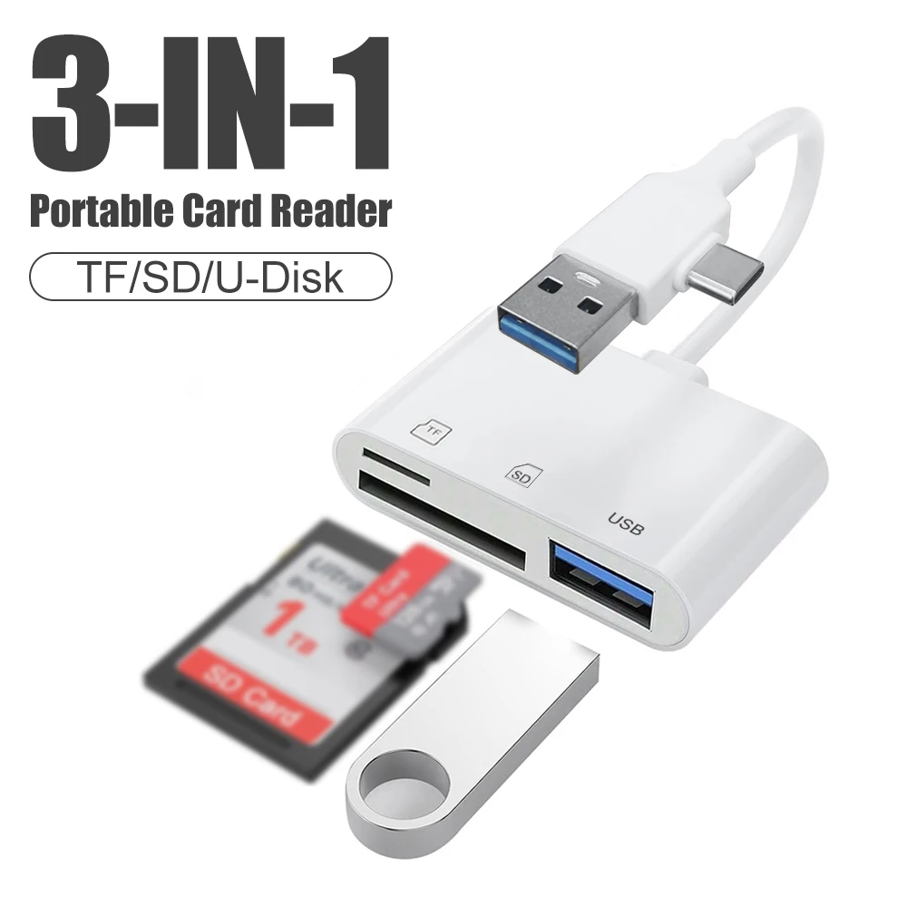 3 IN 1 USB & Type-C Card Reader, OTG adapter. USB for computers, Supports SD/TF cards & USB gadgets For Mobile Phone & PC