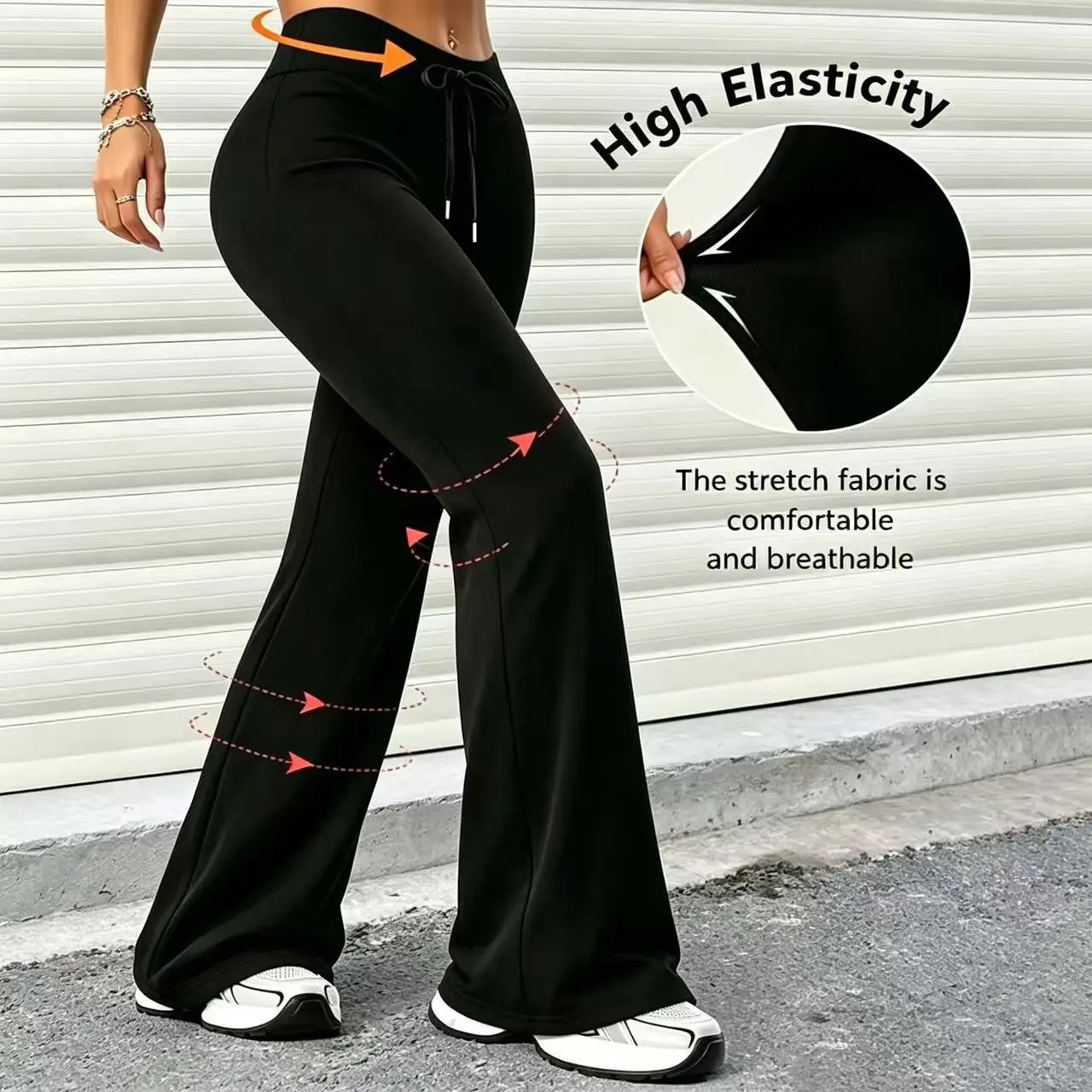 Damen Frühlings- und Sommerhose mit weichem Kordelzug und ausgestelltem Bein – Eleganter Stil, verstellbare Kordelzugtaille, lässig und schmal geschnitten – Detail 1