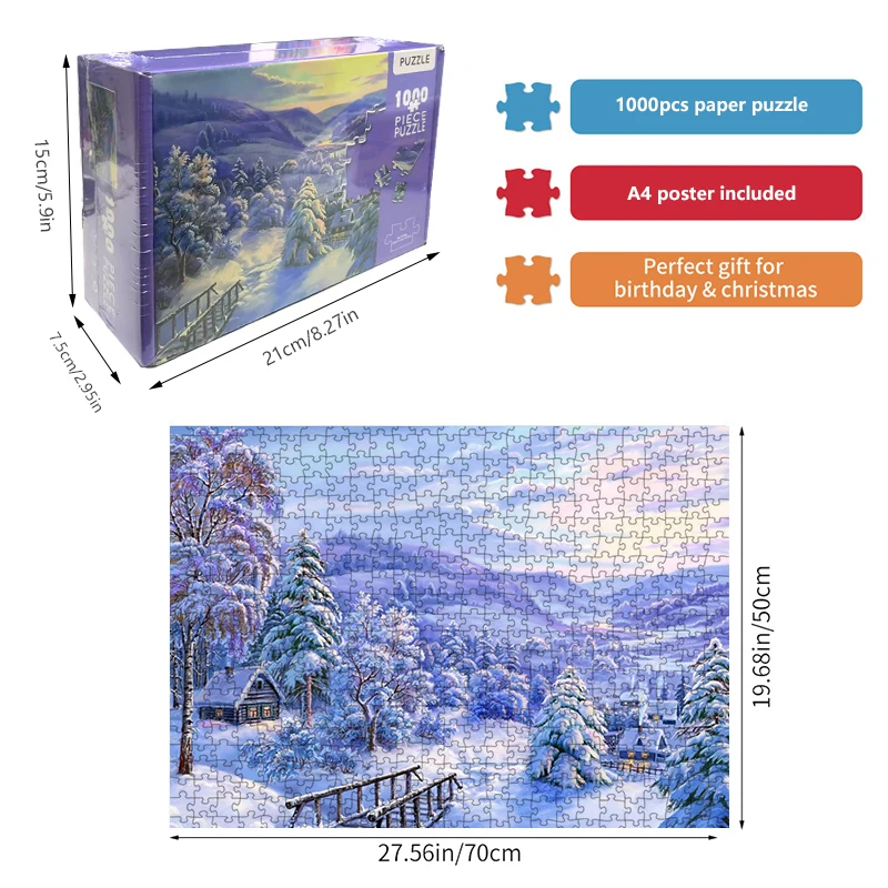 High Quality 70cm*50cm 1000pcs Jigsaw Puzzle the snow Adult Stress Relief Beautiful Landscape Painting Puzzle