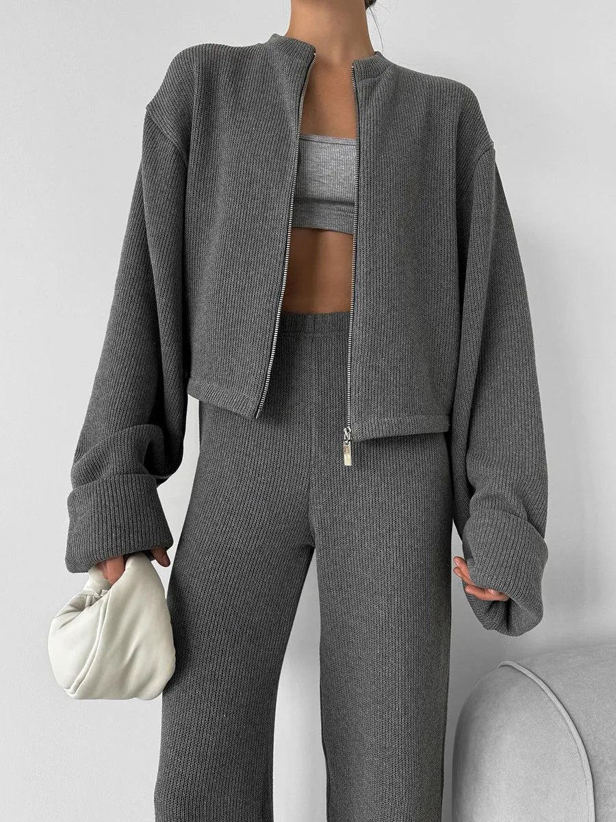 

Модный комплект из 2 предметов, женский свободный свитер на молнии с воротником-стойкой, пальто, брючный комплект с высокой талией, прямые вязаные брюки, костюм, осенний новый