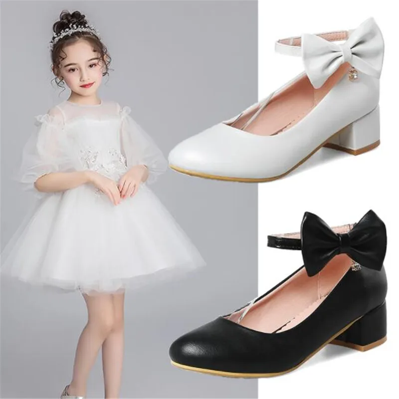 New Flower Girls Shoes Spring Autumn Princess Lace PU Leather Shoes Cute Bowknot High Heels Princess Shoes