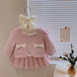 Girls Boutique Outfits 2023 Spring Clothes Set Vintage Suit 1-6Years Children's Princess Kid 2Pcs Coat+Skirt Sweet Tweed Outfit