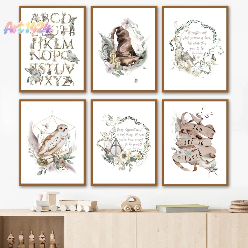 Magical Beasts Floral Whimsical Wizard Magic School Nursery Posters Minimalist Canvas Painting Wall Art for Modern Home Decor