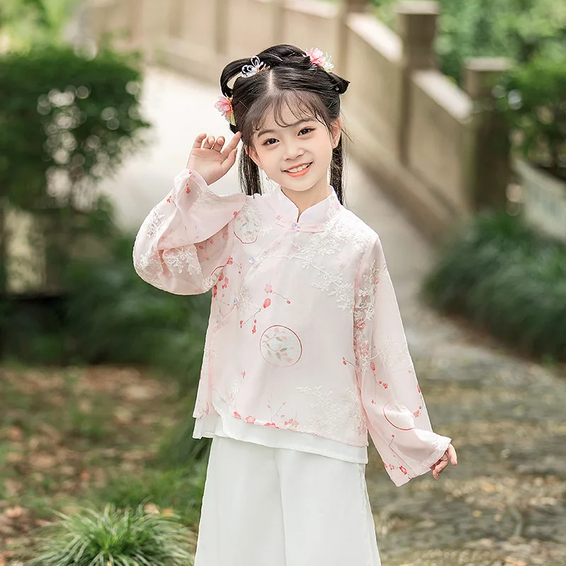 

Chinese Style Hanfu Girls' Spring And Autumn New Plum Blossom Pan Button Up Shirt Trousers Two Piece Tang Suit Children's Perfor