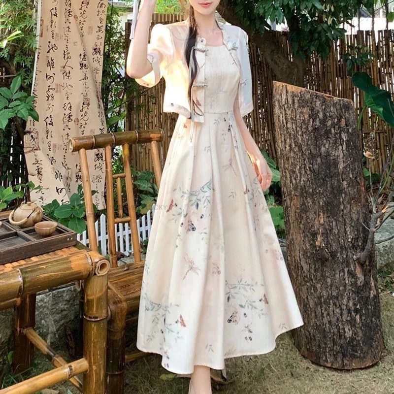 Traditional Dress Improved Qipao Chinese Suspender Dress two-piece Set Floral Dress Cardigan Top Dress Suit For Women Summer