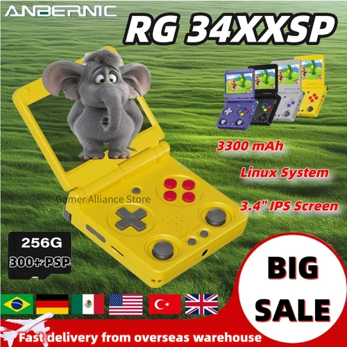 ANBERNIC RG34XXSP Consola portátil con tapa consolas de videojuegos pantalla IPS de 3,4 pulgadas Linux compatible con 5G WIFI 64bit H700 256G PSP juego nuevo