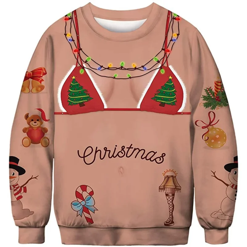 Ugly Christmas Pattern Sweatshirts For Men Novelty Funny Fashion 3D Printed Pullover Loose Hoodies Long Sleeves Round Neck Tops