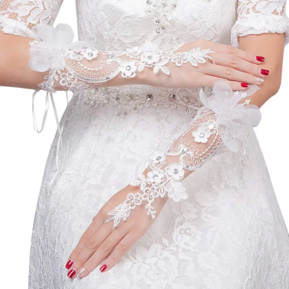 Bridal Fingerless for Wedding Ivory White Floral Rhinestone Lace Short Party Gloves Prom