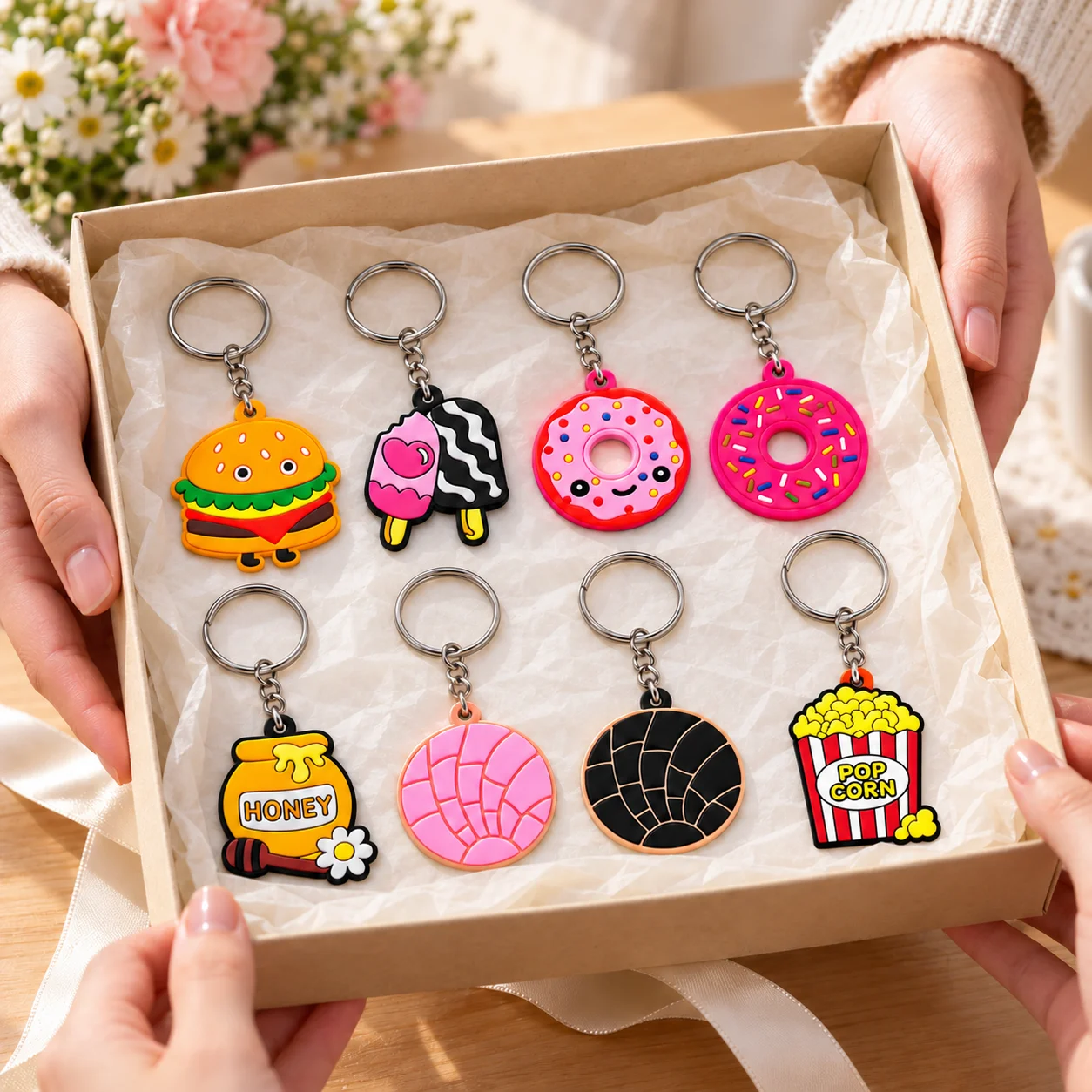 50/100pcs Cute Food Snack Keychain Set Burger Donut Fries PVC Pendant Bag Charm Bulk Gift for Friends Party Favors Wholesale Lot