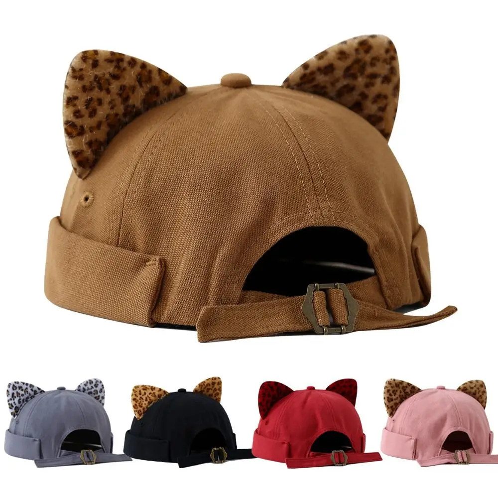 Hip Hop Leopard Print Cat Ears Brimless Hat Rolled Cuff Solid Color Melon Docker Cap Adjustable Cat-eared Hat Outdoor
