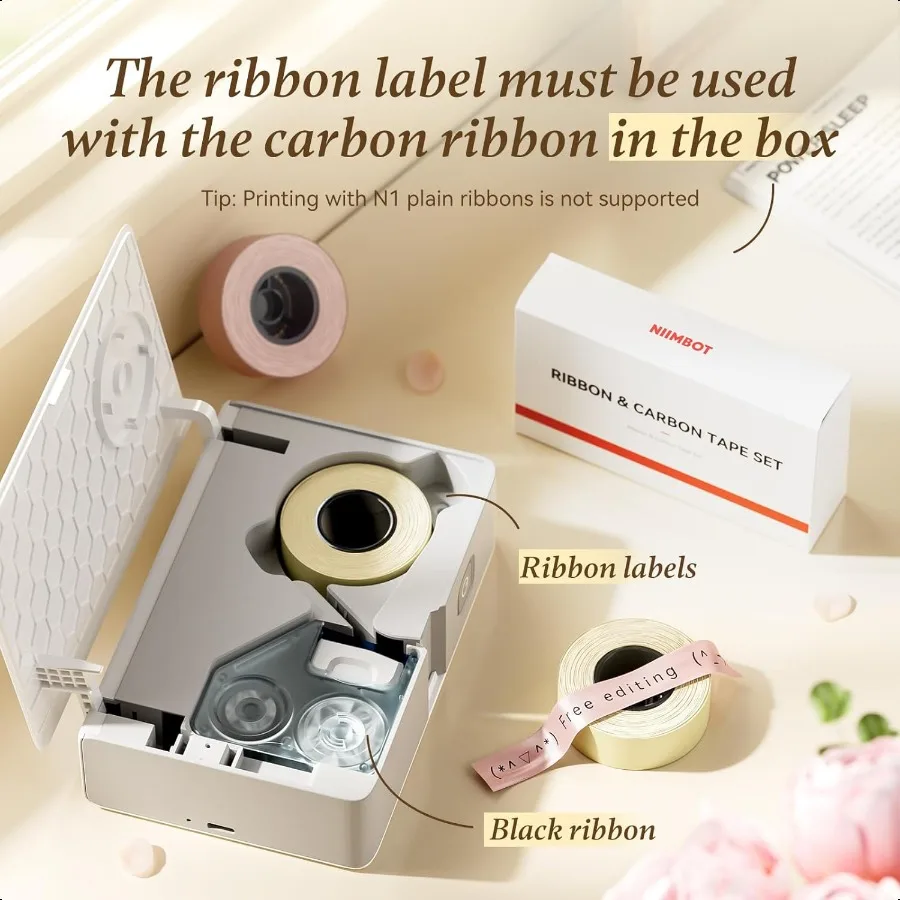 N1 새틴 리본 세트 (N1 라벨 메이커 전용) 선물, 결혼식, 파티, 공예, 포장, DIY용 베이지색 새틴 리본 14mm x 5.1m (검정색 포함)