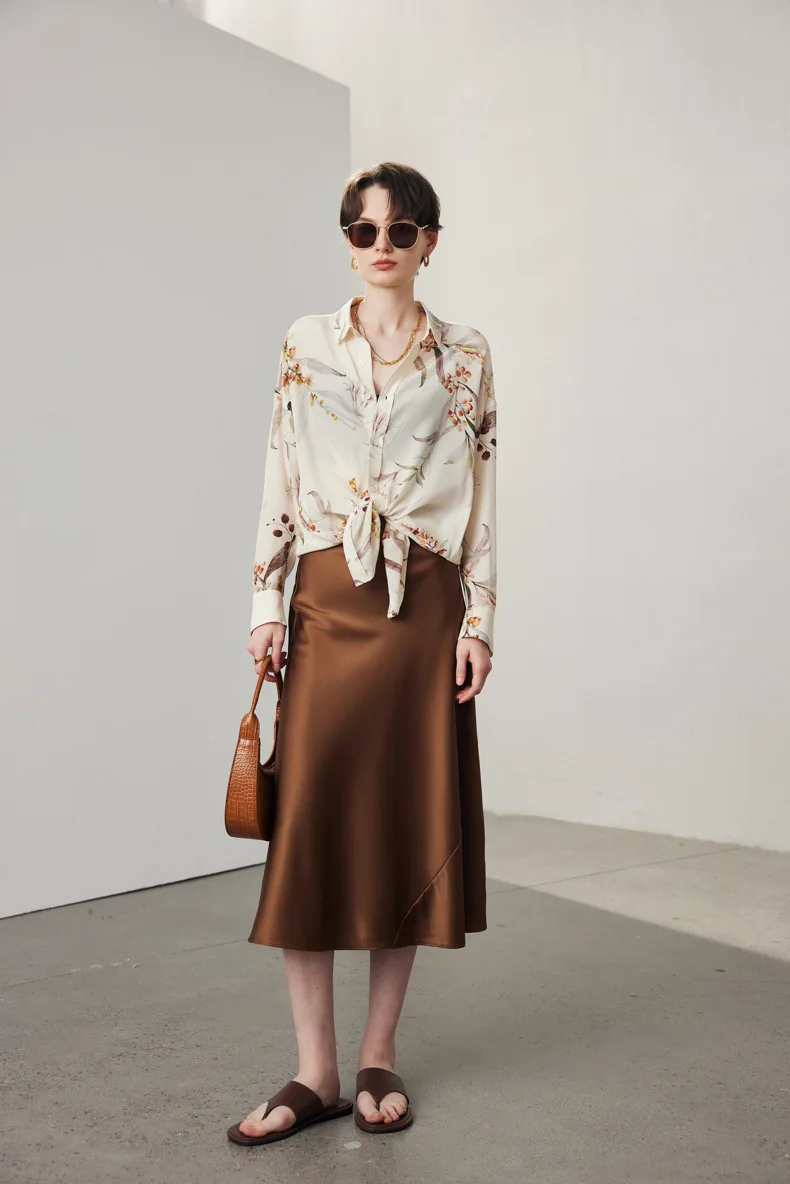 

Solid Caramel Commuting Real Silk Skirts Spring Summer Ladies Office Skirt A Line Long Satin Skirts Mulberry Silk Midi Skirt