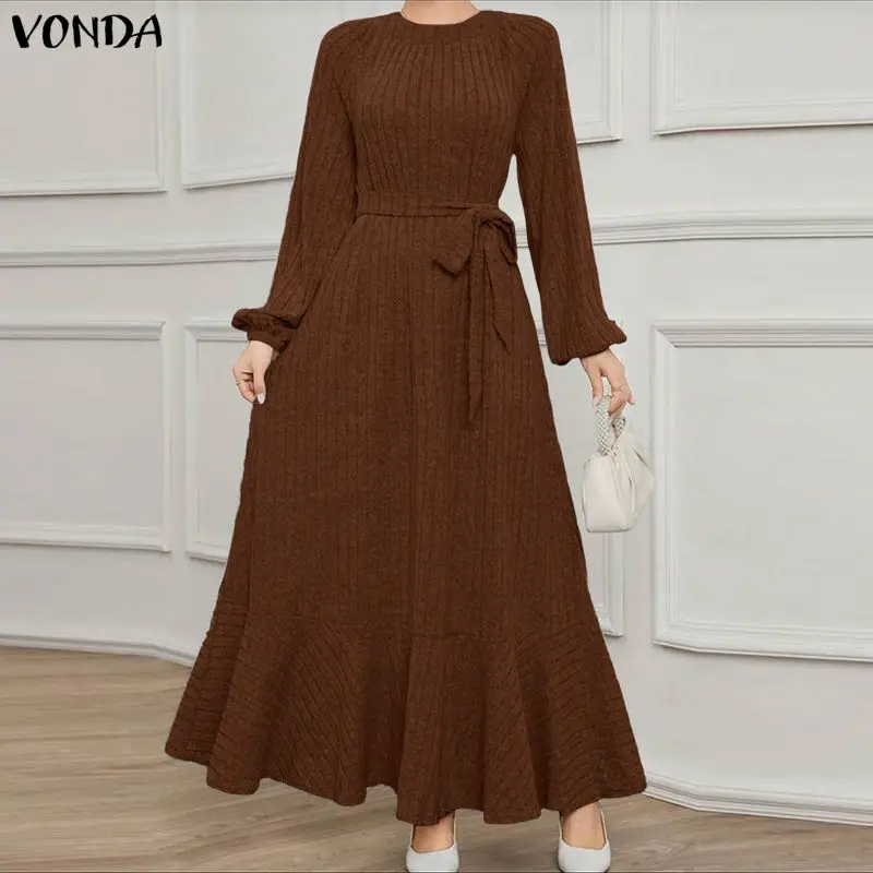 

VONDA большие размеры женские осенние элегантные вечерние платья зимний вязаный свитер с длинными рукавами Vestidos модный халат с поясом 5XL