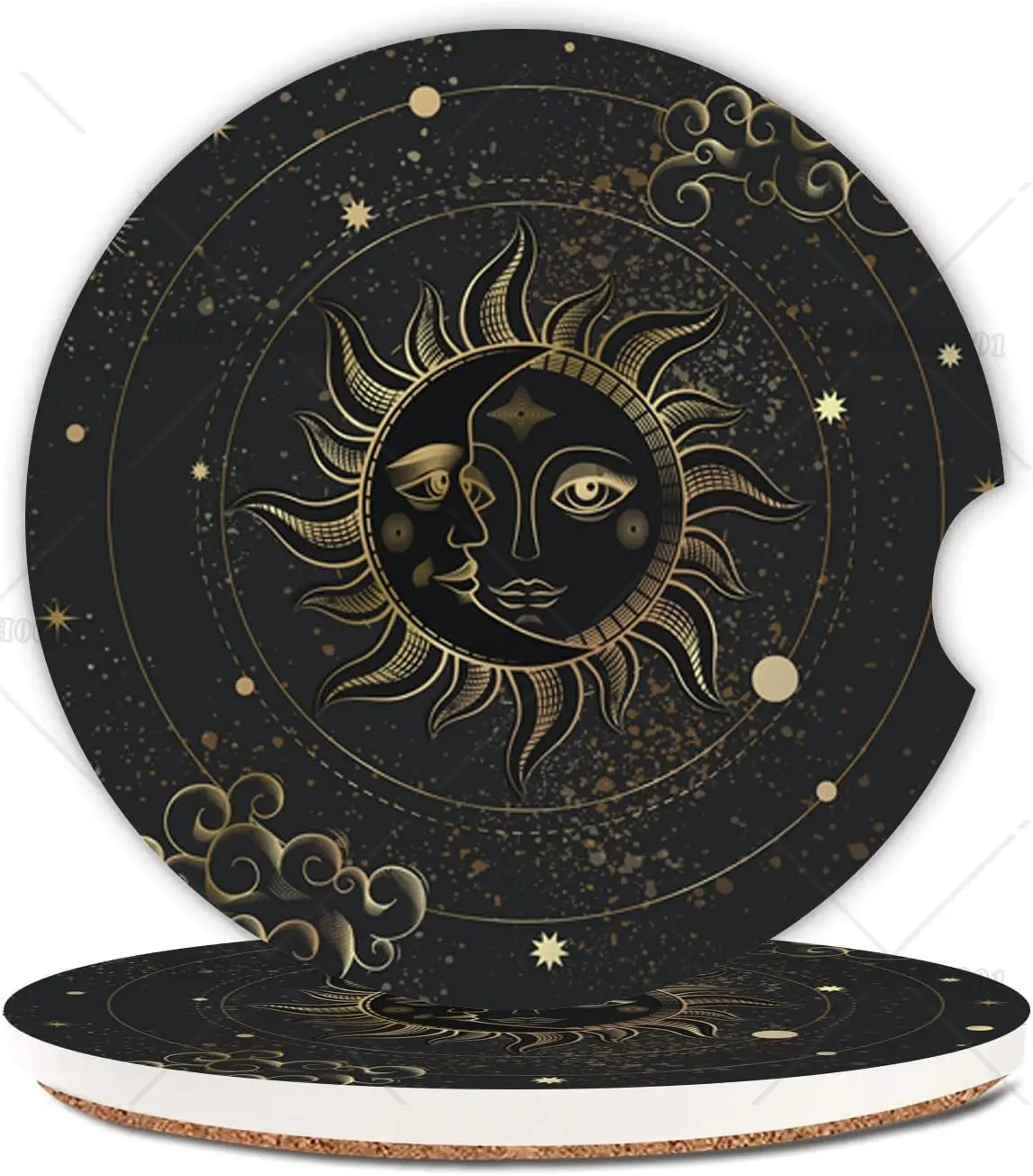 

Boho Golden Sun Moon Car Coasters 2 Pack Car Cup Holder Absorbent Ceramic Coaster with Cork Back and Finger Slot Cup Holder