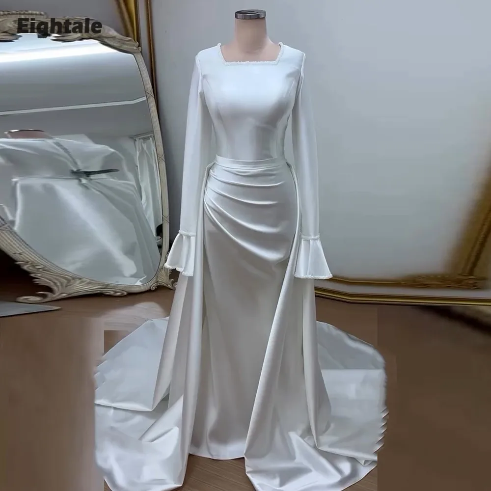 

Eightale Arabic Wedding Dress Customized Strapless Pleats Long Sleeves Beaded Mermaid Satin Bridal Gown Robe De Mariée