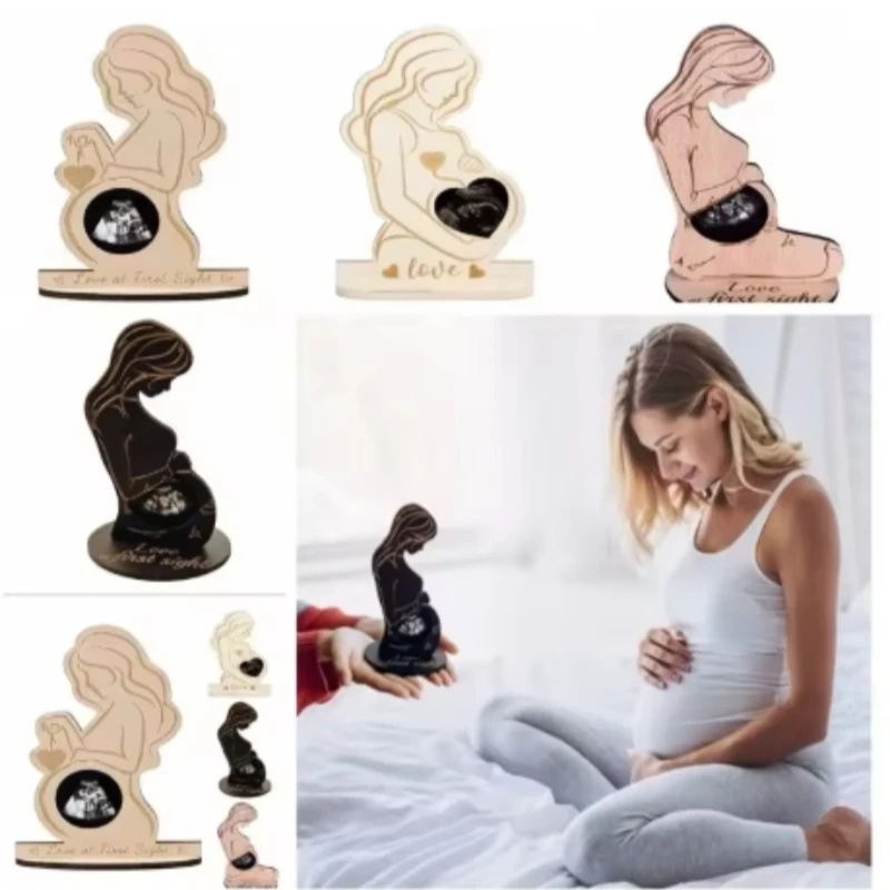 1pc Pregnant Sonogram Picture Frame Creative Wooden Ultrasound Photo Frame with Stand Gender Disclosure Party Decor for New Mom
