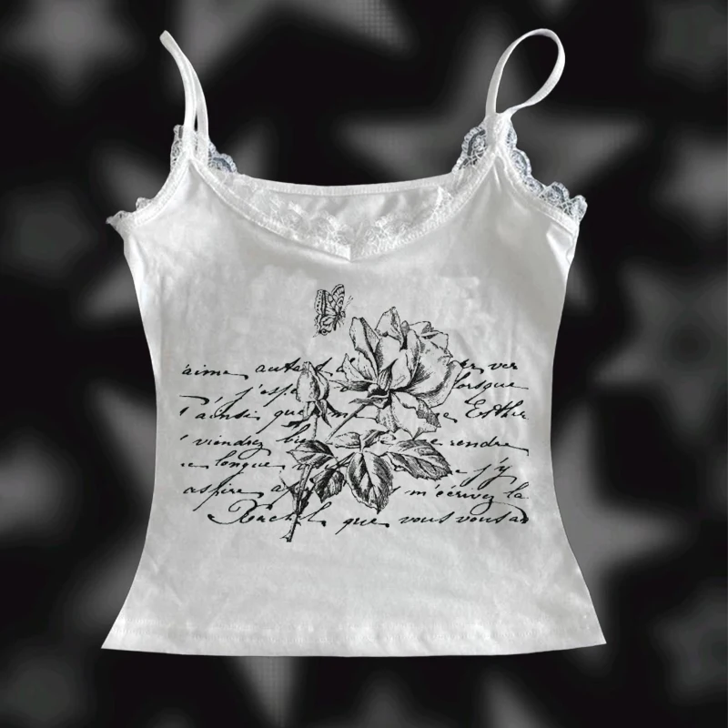 

2025 Новый топ на бретельках с кружевной отделкой и готическим темным буквенным принтом, сексуальный и утягивающий женский топ