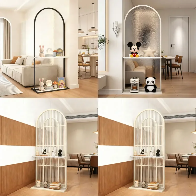 For French Black Arched Water Corrugated Glass Screen Partition Double Shelf Household Entrance Tempered Glass