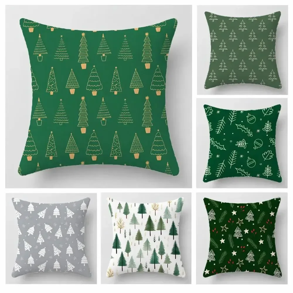 Christmas Low Saturation Gray Green Small Tree Cushion Cover Short Plush Pillowcase, Sofa Bedroom Home Decor & Holiday Gift