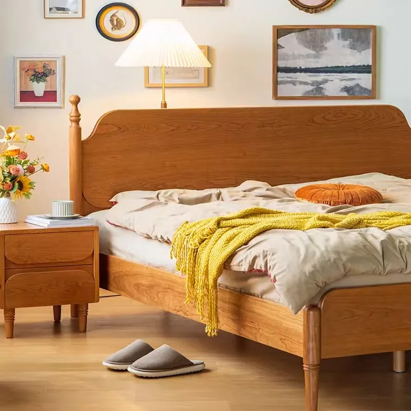 Konfigurowalne nordyckie retro łóżko w stylu japońskim z drewna wiśniowego, proste meble do sypialni, łóżko ślubne 1,8 metra