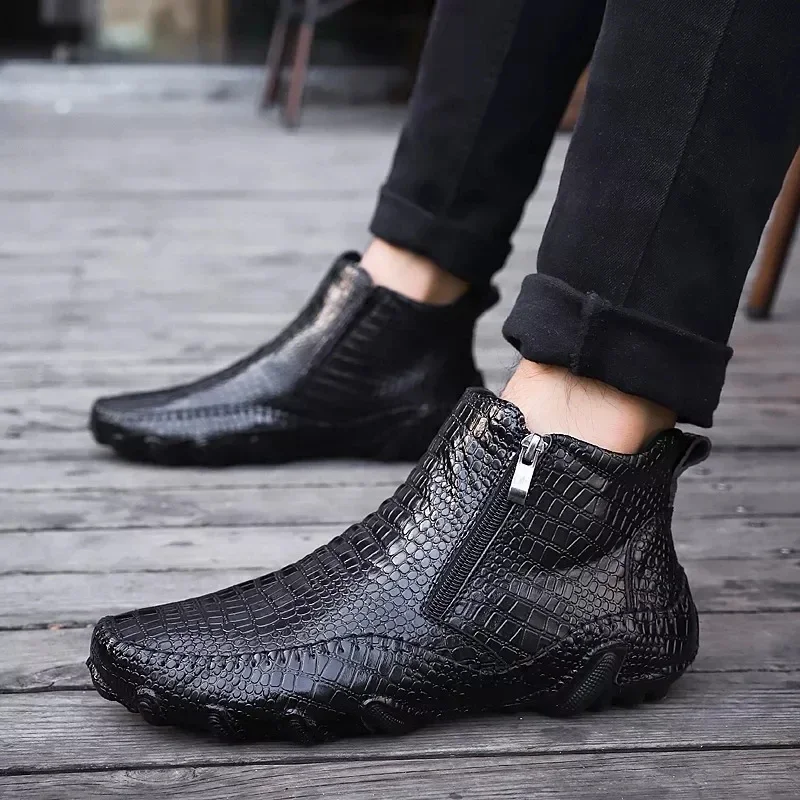 

Men Crocodile Leather Shoes Ankle Boots Winter Casual Shoes for Men Brand Retro Loafers Comfortable Sneakers Shoes Footwear