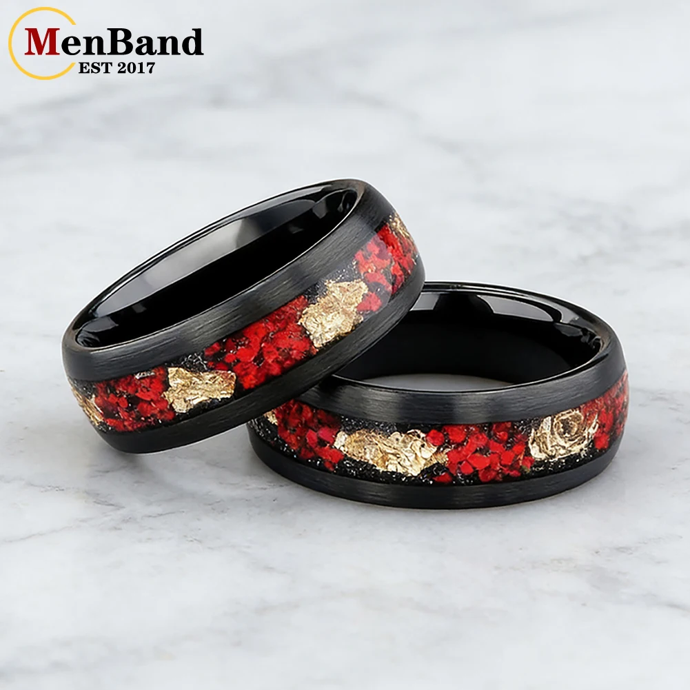 

Мужское обручальное кольцо MenBand из черного вольфрама 8 мм с инкрустацией красным/зеленым опалом и золотыми листьями – персонализированное обручальное кольцо с комфортной посадкой